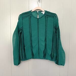 Calligraphy Forest Green Ruffle Pleated Lace Balloon Sleeves Crewneck Top M